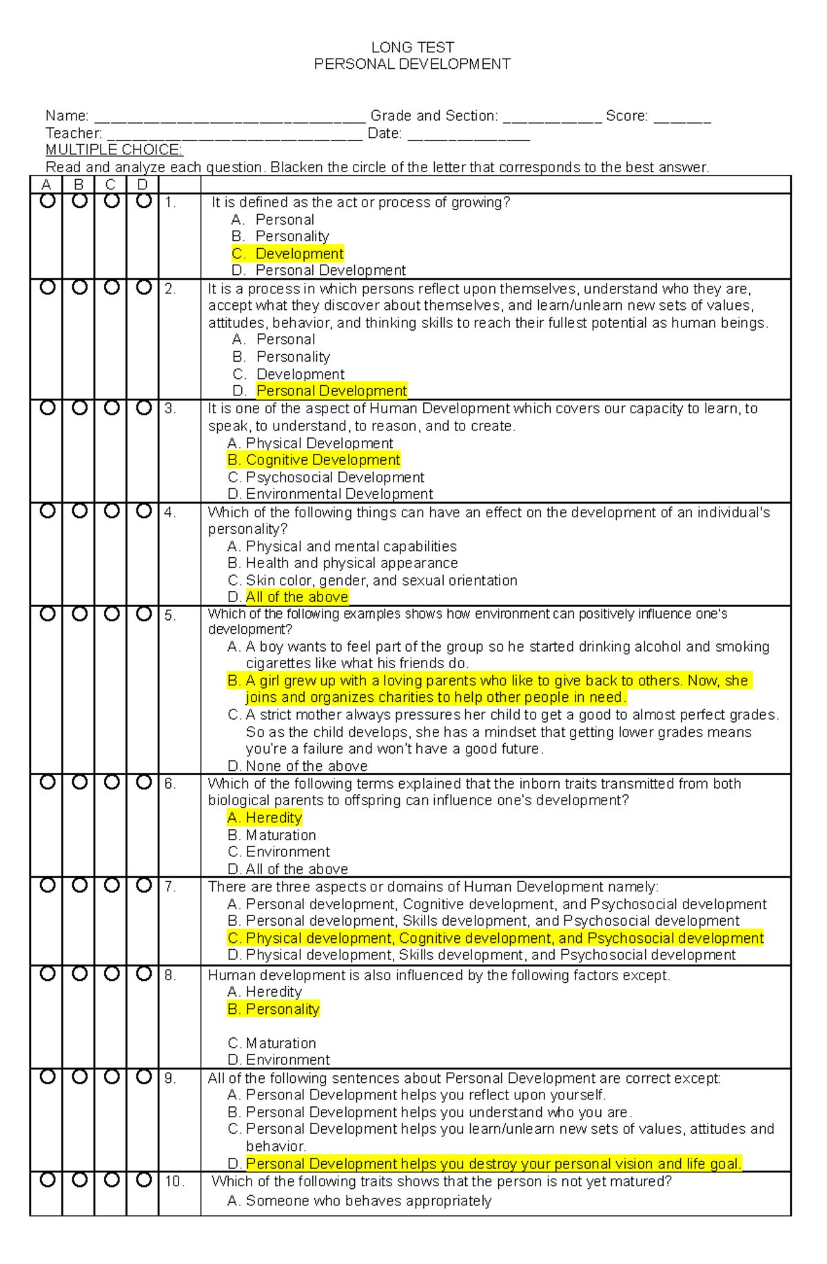 Reviewer- Perdev-1ST-SEM - LONG TEST PERSONAL DEVELOPMENT Name