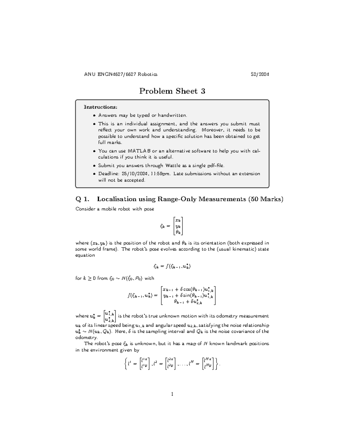ENGN4627/6627 Assignment 3: Problem Sheet 3 for Robotics S2 2024 - Studocu
