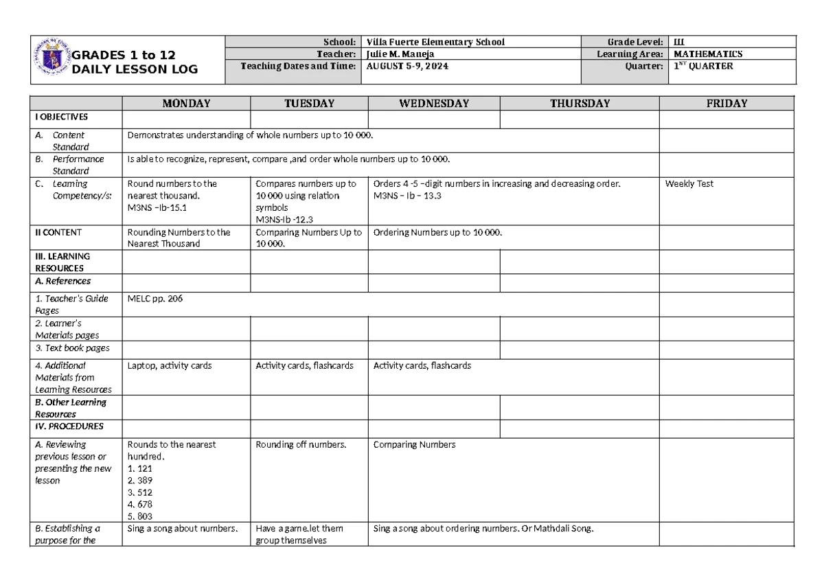 DLL Mathematics 3 Q1 W4 - Daily Lesson Log for Grade 3 - Studocu