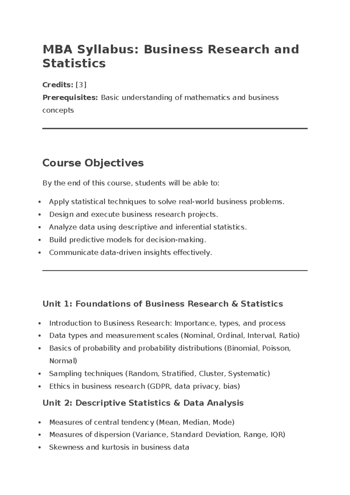 MBA Syllabus: Business Research & Statistics Overview - Studocu