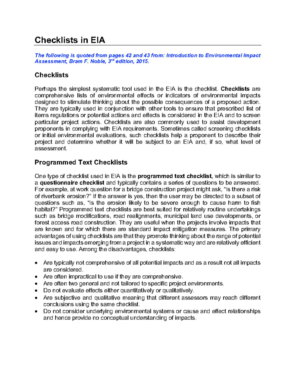 EIA Checklists Overview: Insights from Noble's 3rd Edition - Studocu