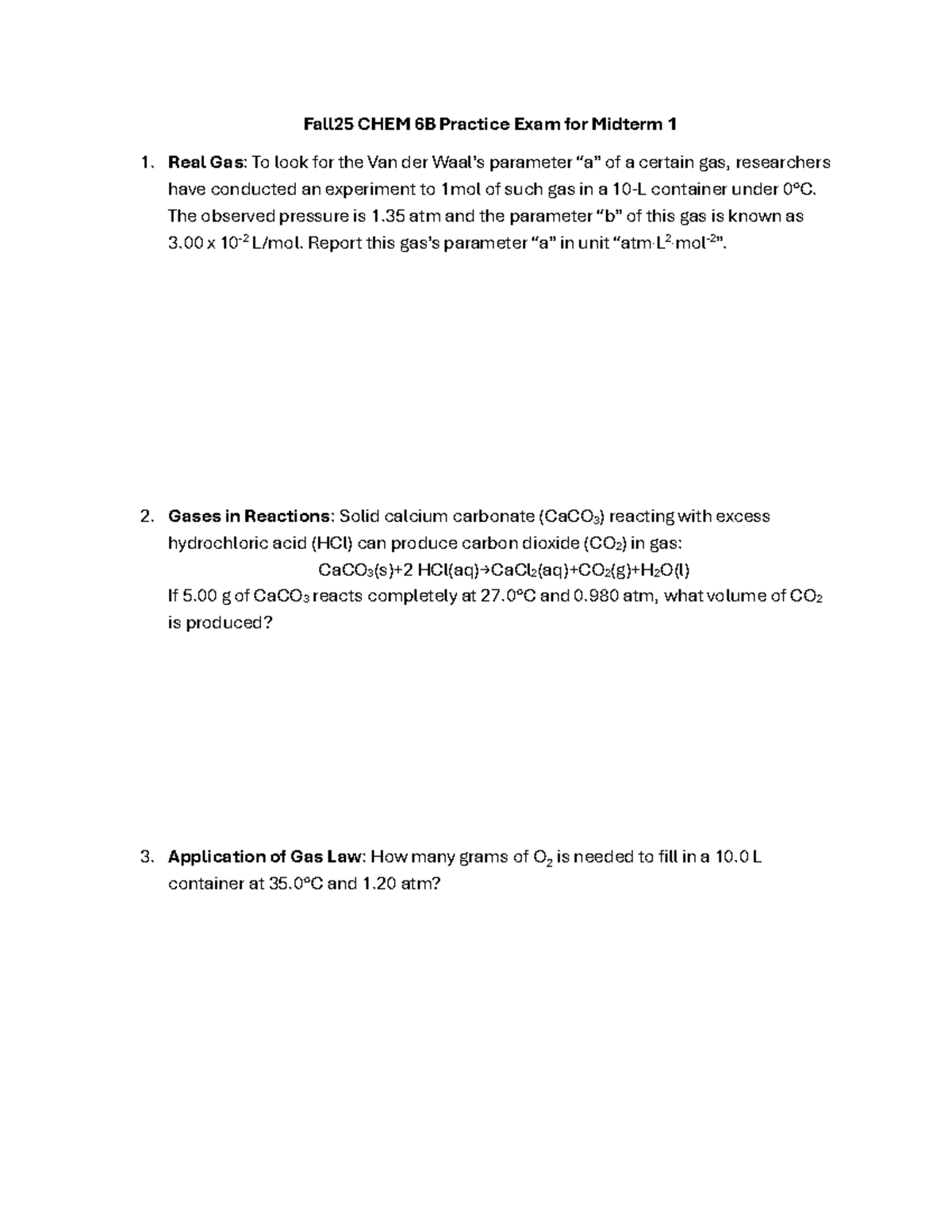 Fall 25 CHEM 6B Midterm 1 Practice Exam on Gas Laws and Solids - Studocu