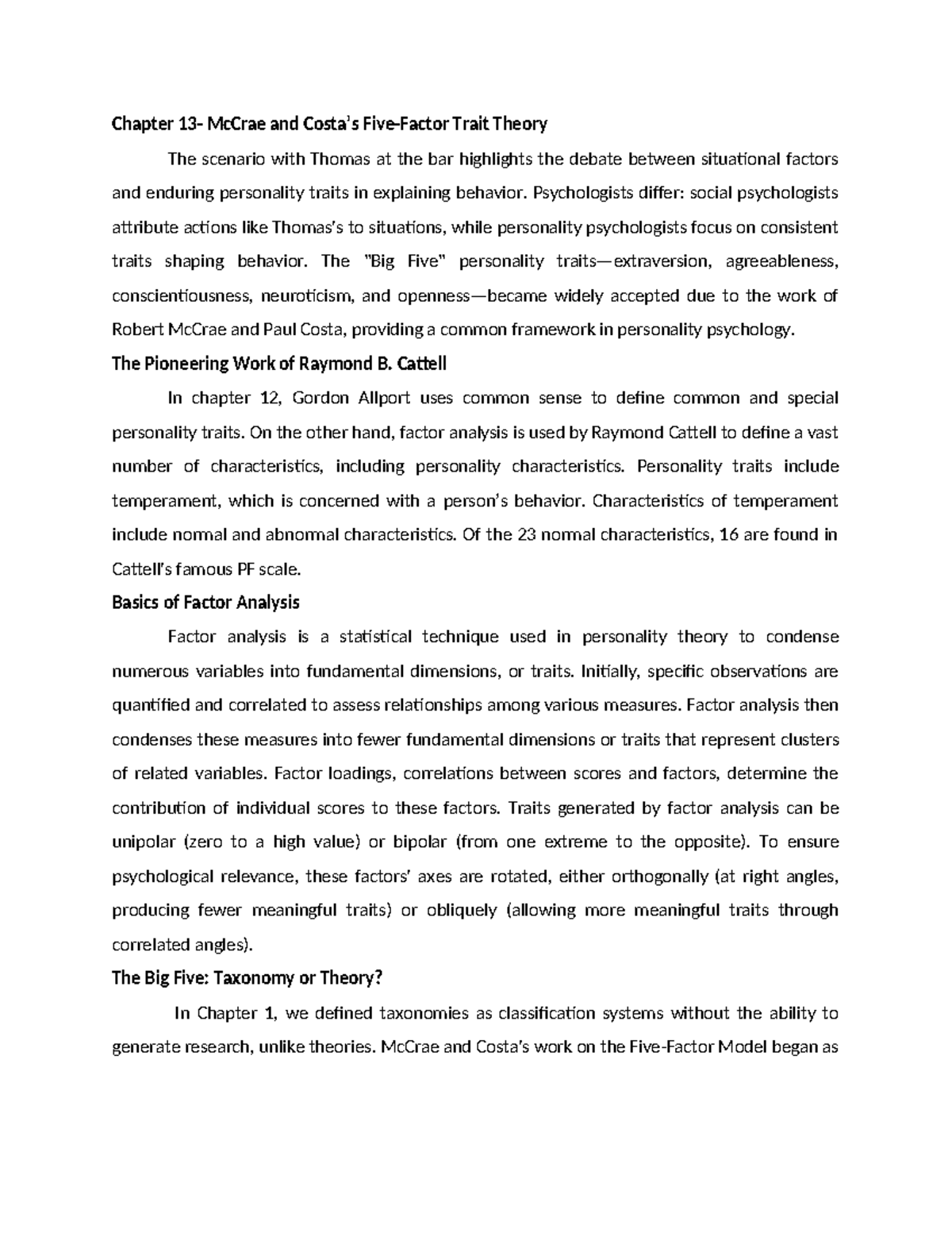 Chapter 13 - Theories of Personality - Chapter 13- McCrae and Costa’s ...