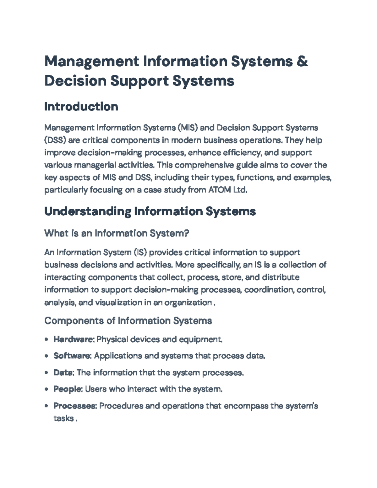 MIS & DSS Overview: Key Functions and Case Study of ATOM Ltd - Studocu