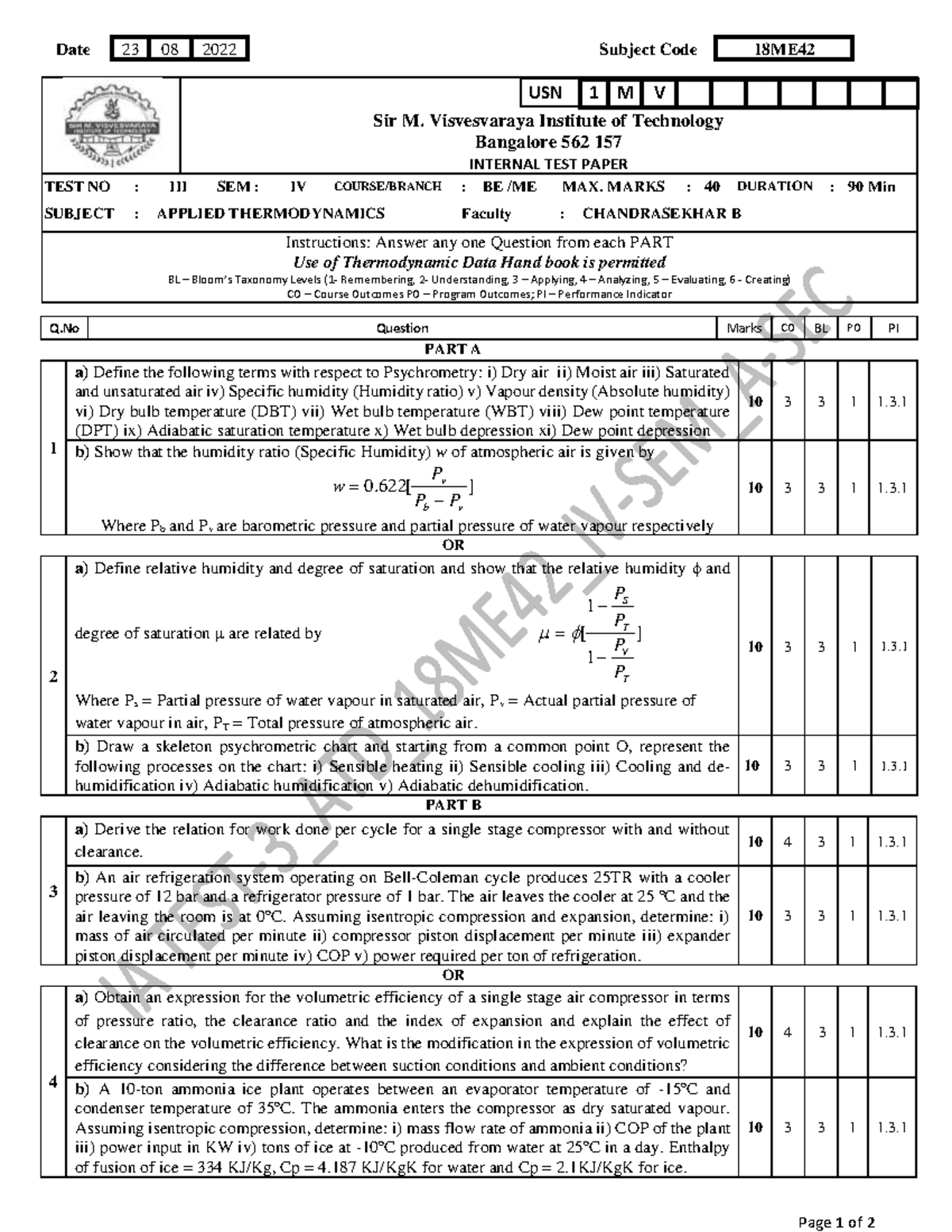 18ME42 Applied Thermodynamics Internal Test Paper - Test 3 - Studocu