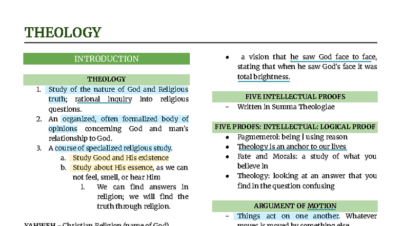 THEO 101: Introduction to Theology and the Nature of God - Studocu