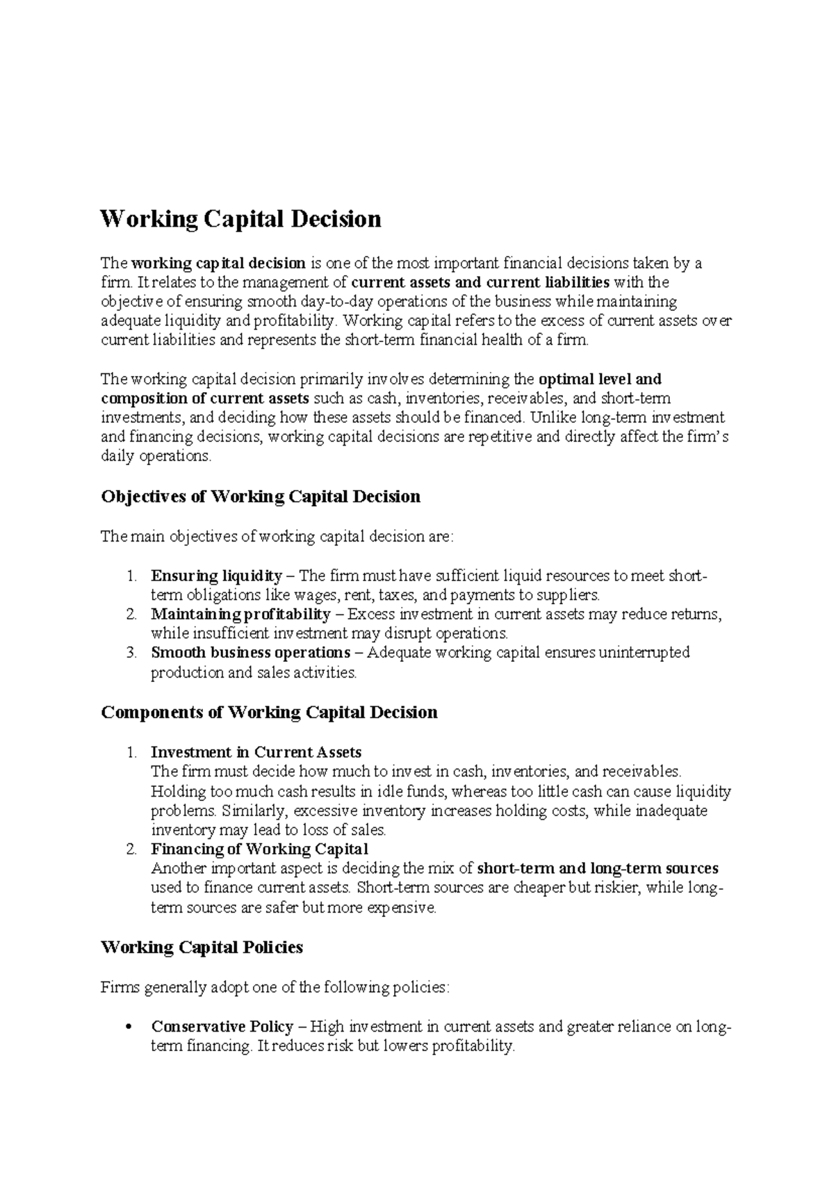 Working Capital Decision - Key Notes and Insights (Dec) - Studocu