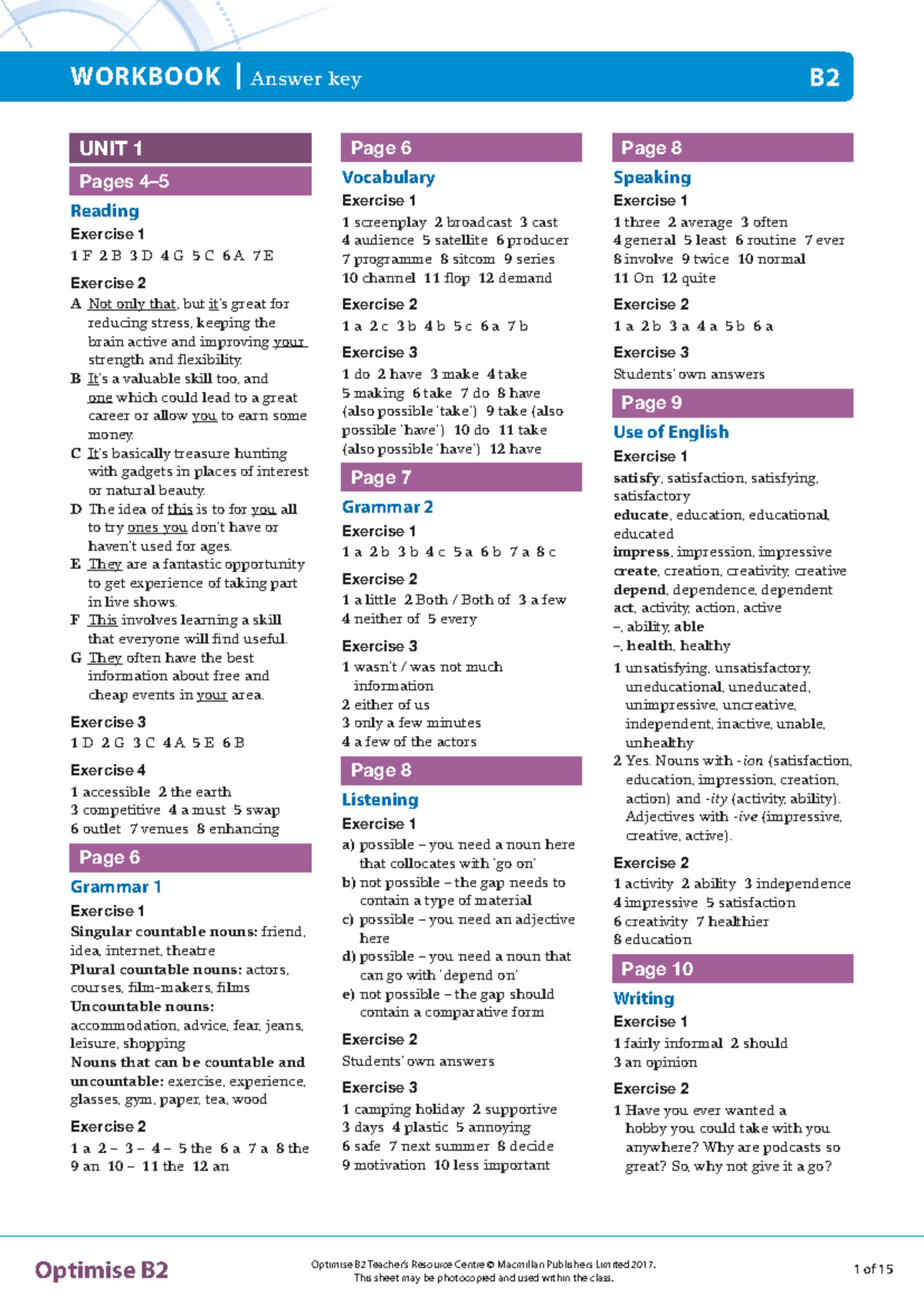 Optimise B2 Workbook Answers 419652773 with Exercise Solutions - Studocu