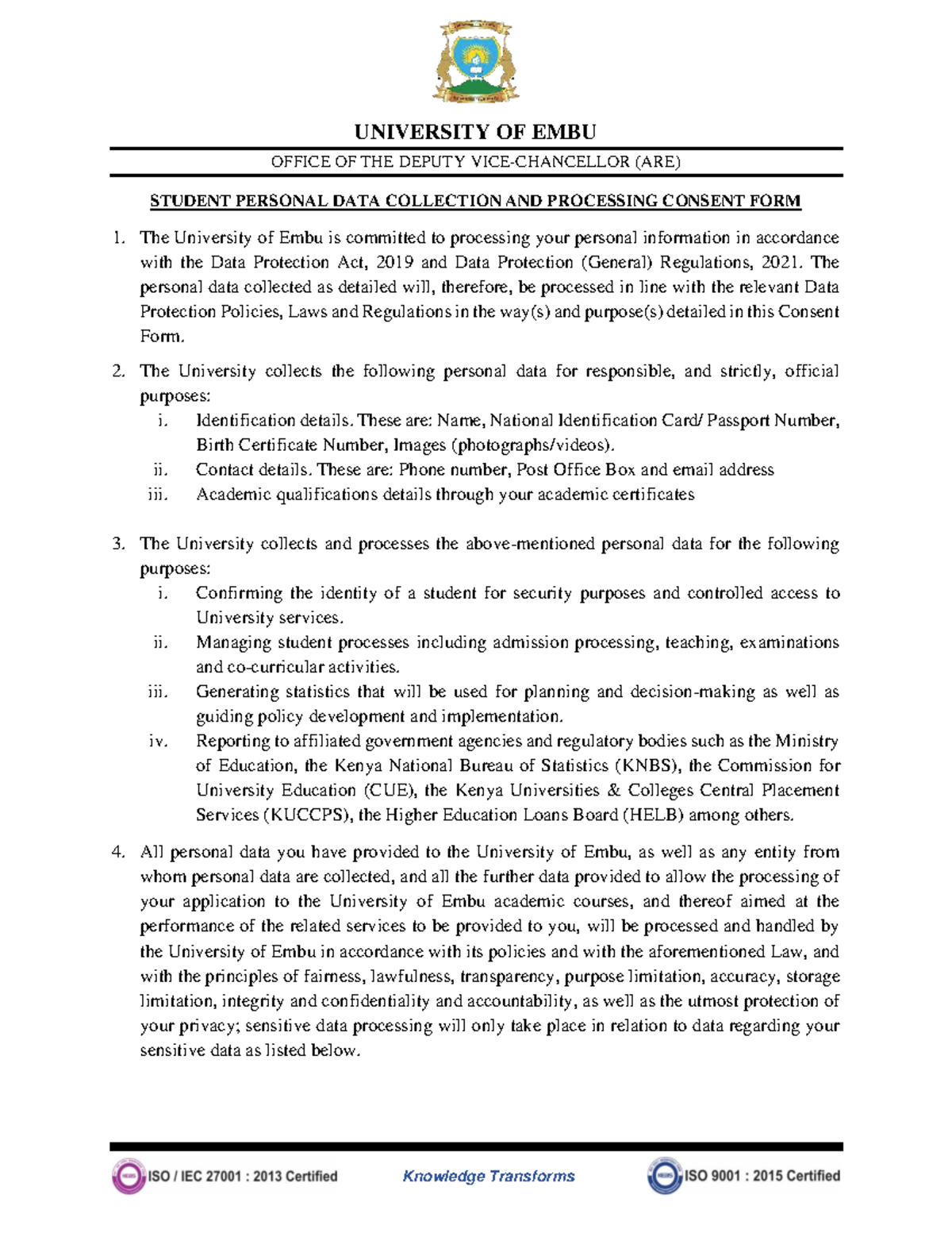 Data Consent - Data content - Knowledge Transforms UNIVERSITY OF EMBU ...