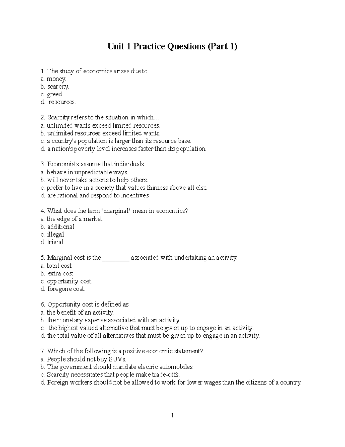 Unit 1 Economics Practice Questions & Answers (ECON 101) - Studocu