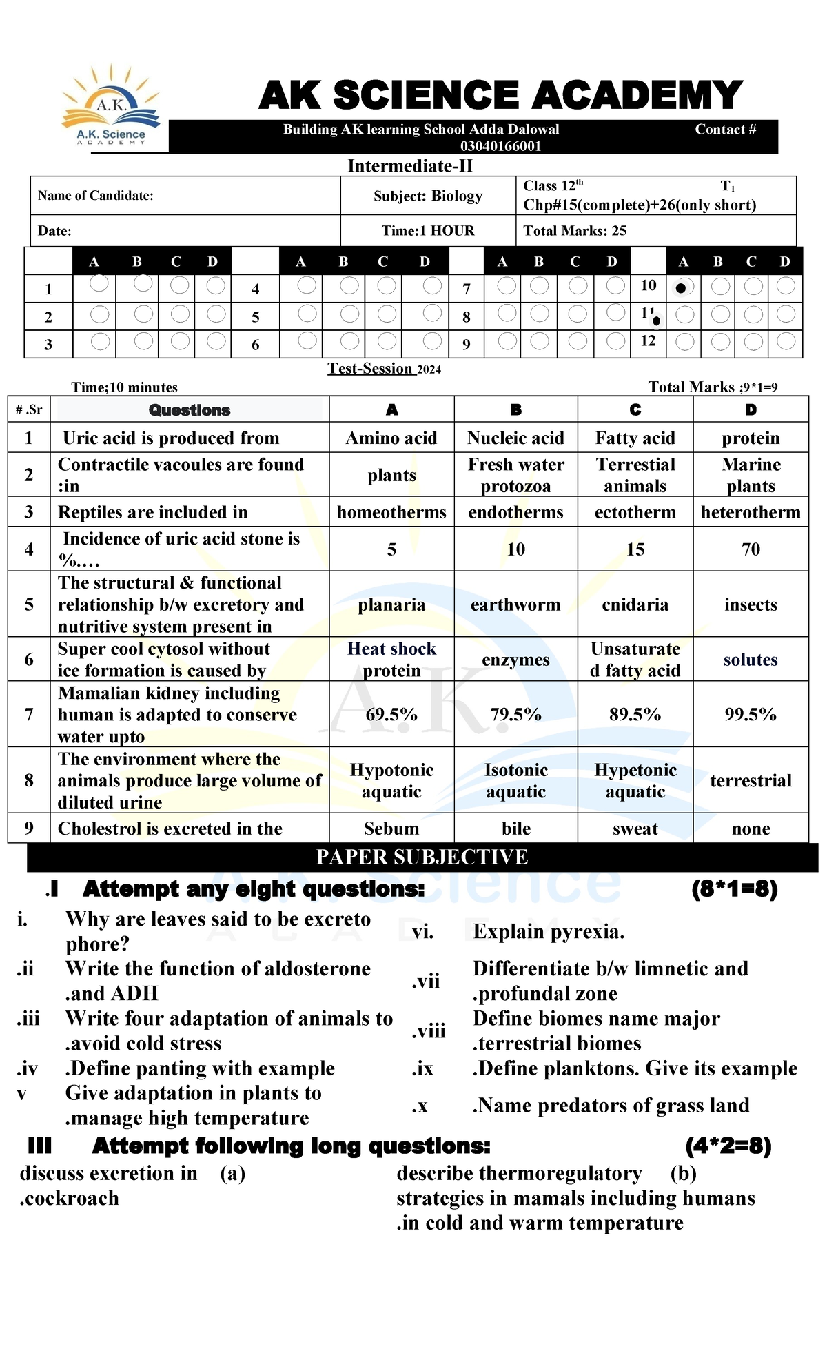 AK SCIENCE ACADEMY Class 12 Biology T1 Exam Questions & Answers - Studocu