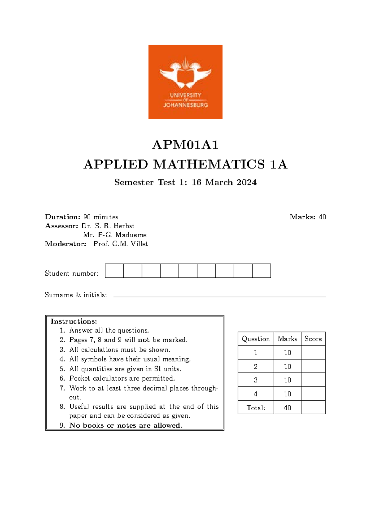 APM01A1 Applied Mathematics 1A Semester Test 1 - Studocu