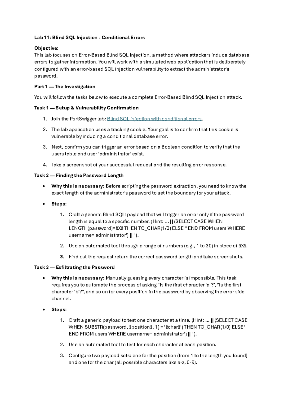 Lab 11: Blind SQL Injection with Conditional Errors Guide - Studocu