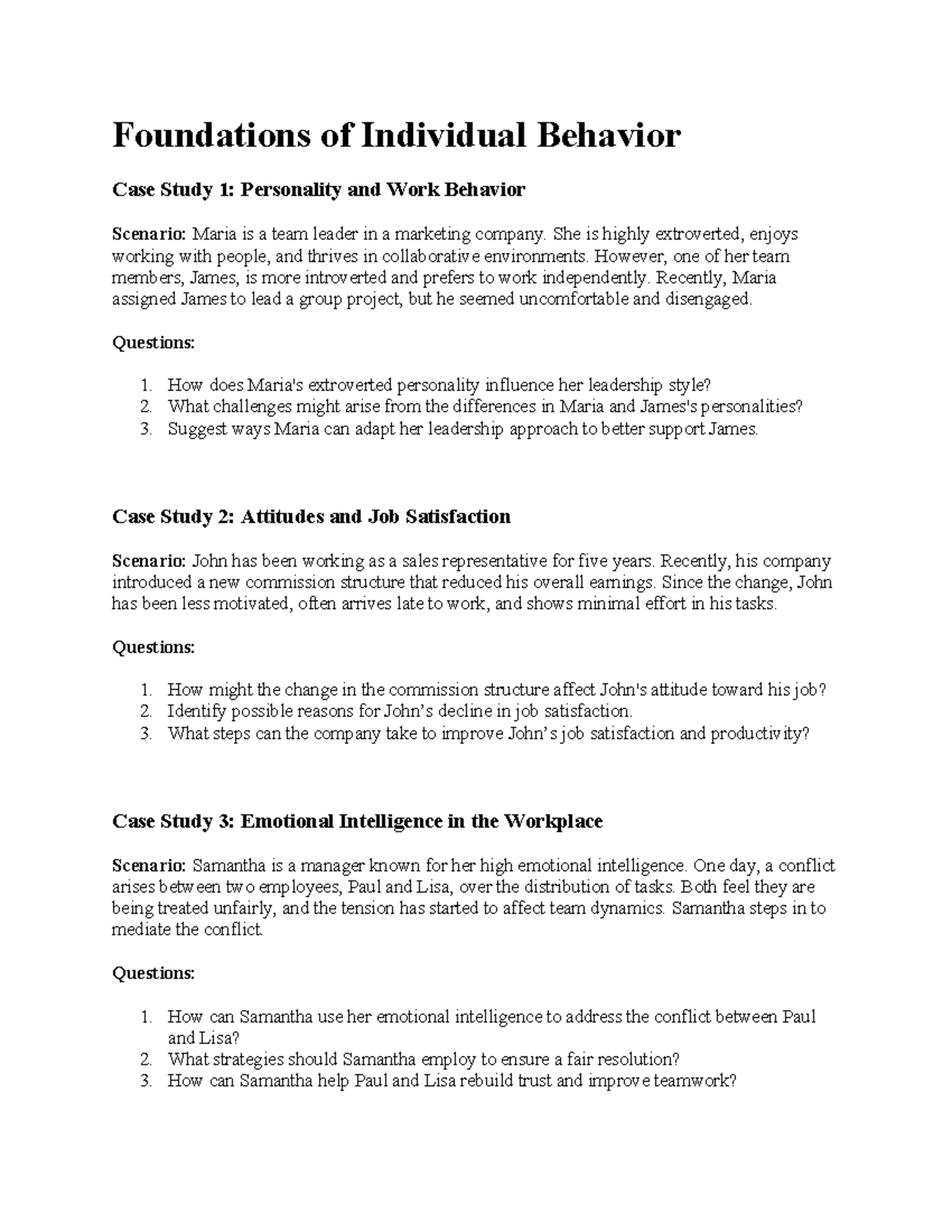 Foundations of Individual Behavior Case Studies: Personality & Work ...
