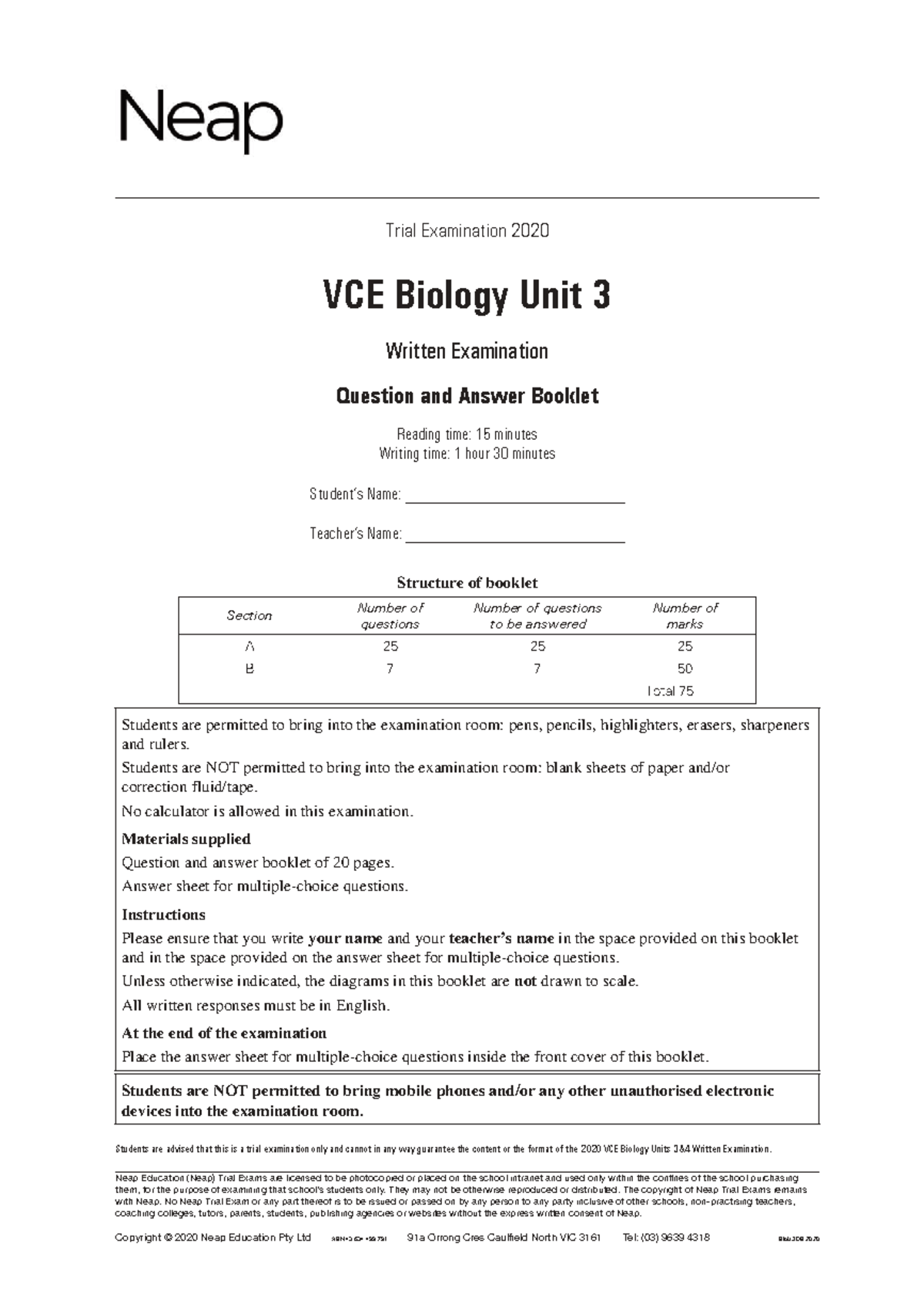 VCE Biology Unit 3 Trial Examination Questions and Answers 2020 - Studocu