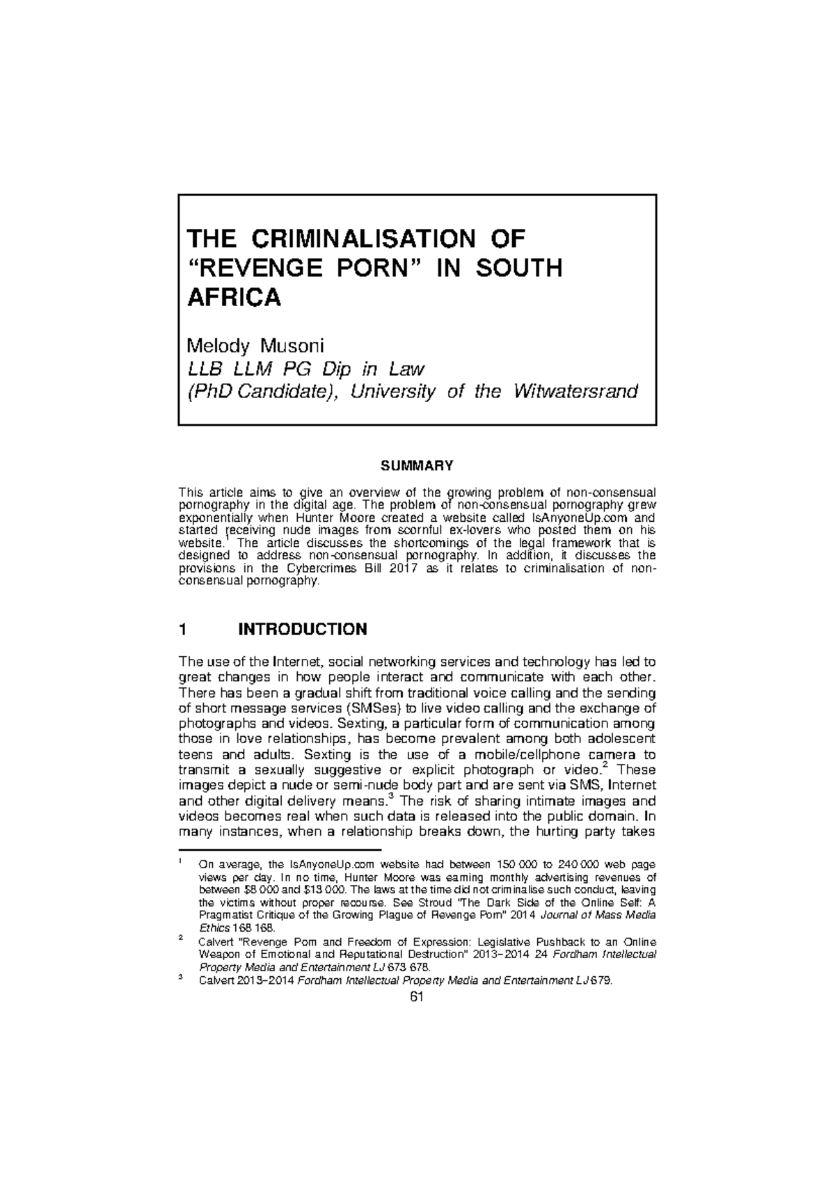 Musoni 2019 the criminalization of revenge porn in south africa - 61 THE  CRIMINALISATION OF “REVENGE - Studocu