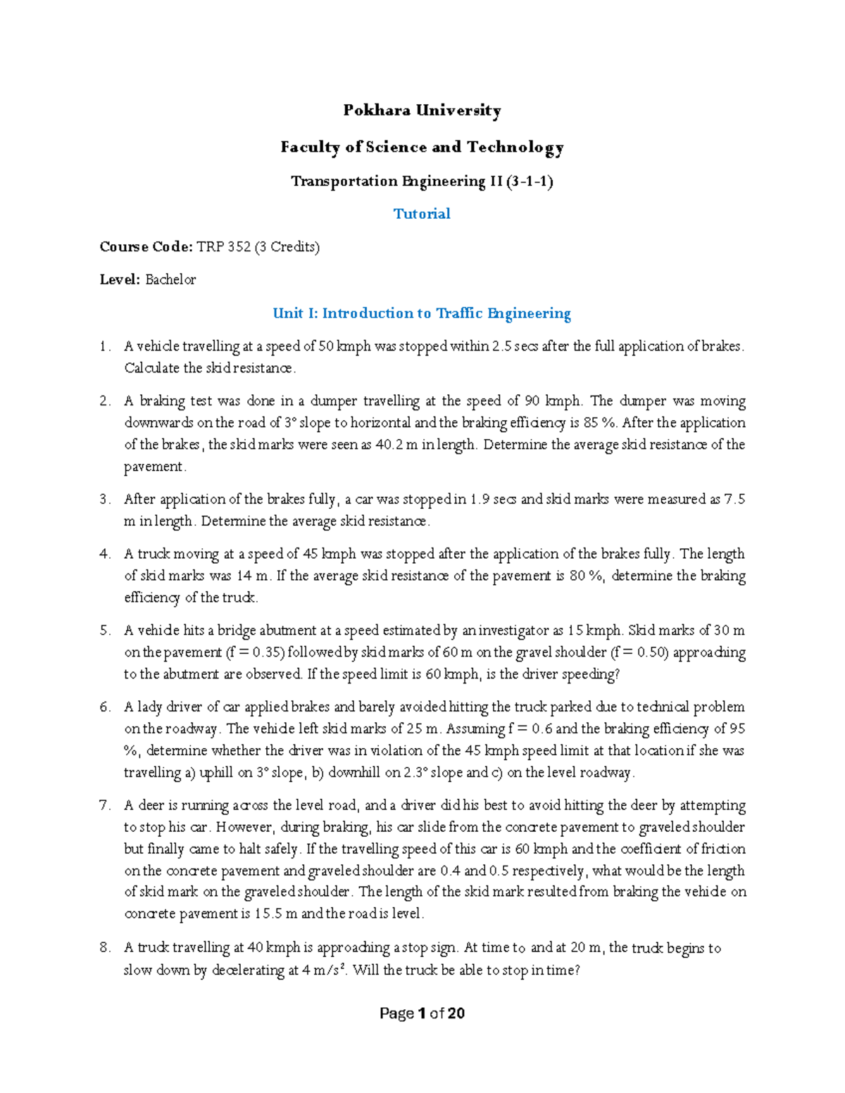 Transportation Engineering II (TRP 352) Tutorial Notes - Pokhara ...