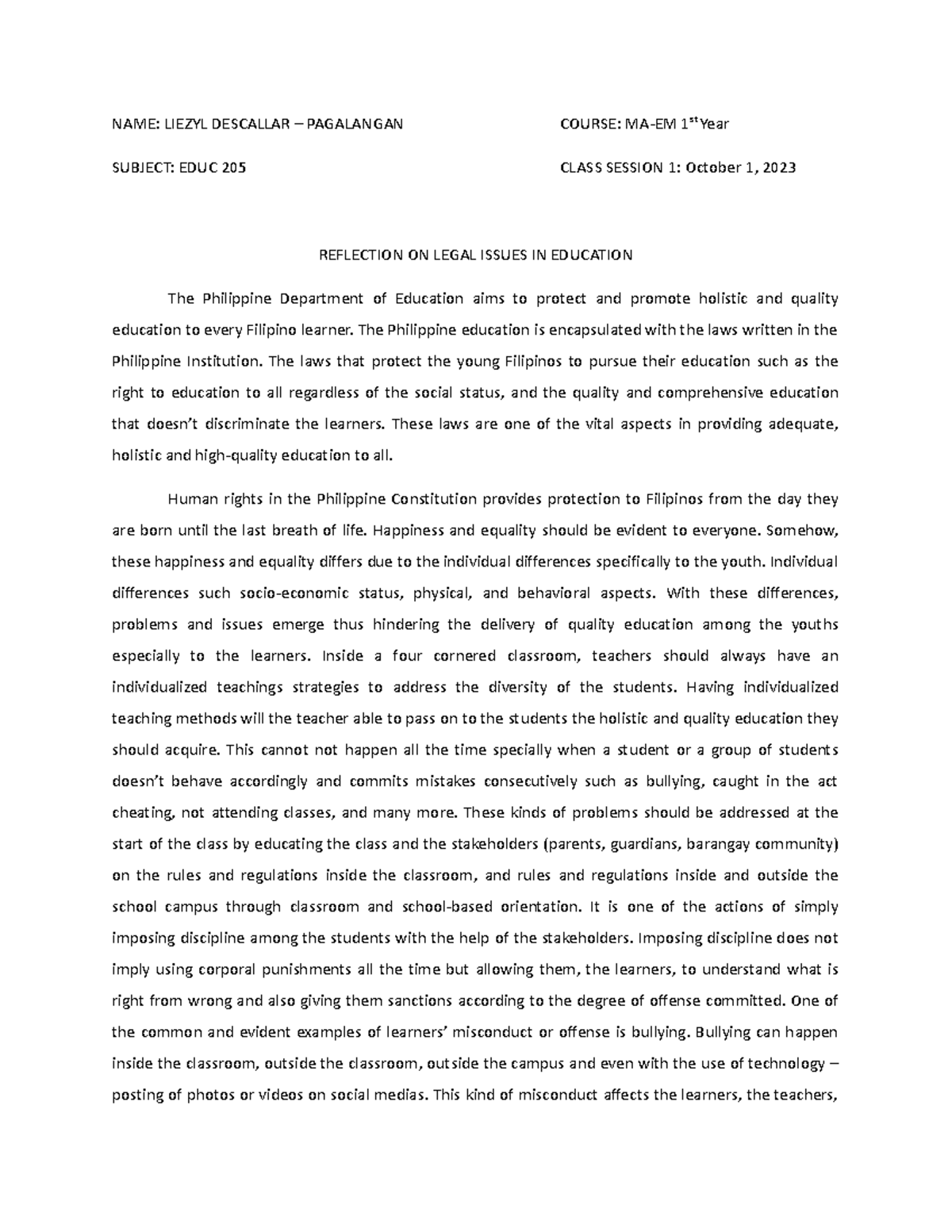 Reflection on Legal Education in the Philippines (EDUC 205) - Studocu