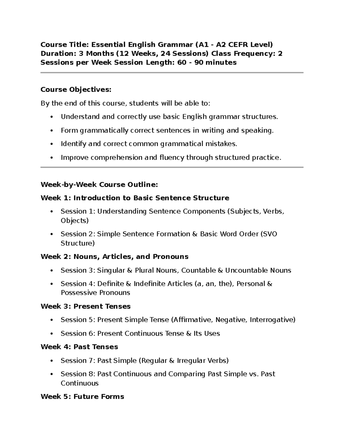 A1 - A2 Essential English Grammar Course Outline and Objectives - Studocu