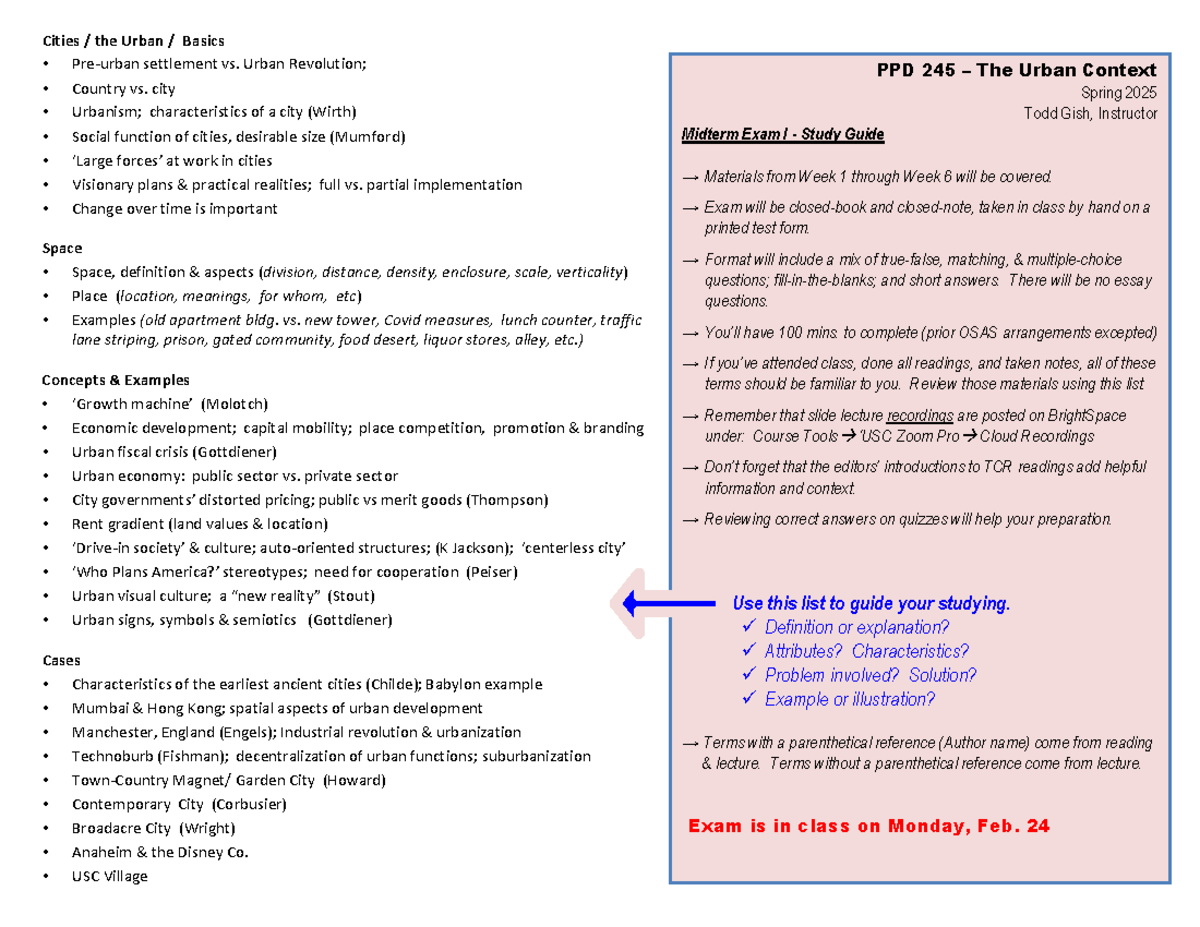 PPD 245 Midterm Exam I Study Guide: Urban Context Concepts & Examples ...