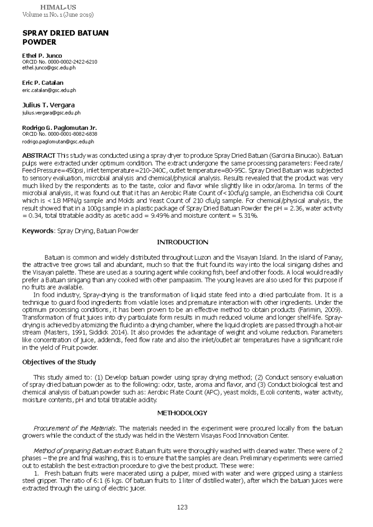 Spray Dried Batuan Powder: Production and Analysis Study - Studocu