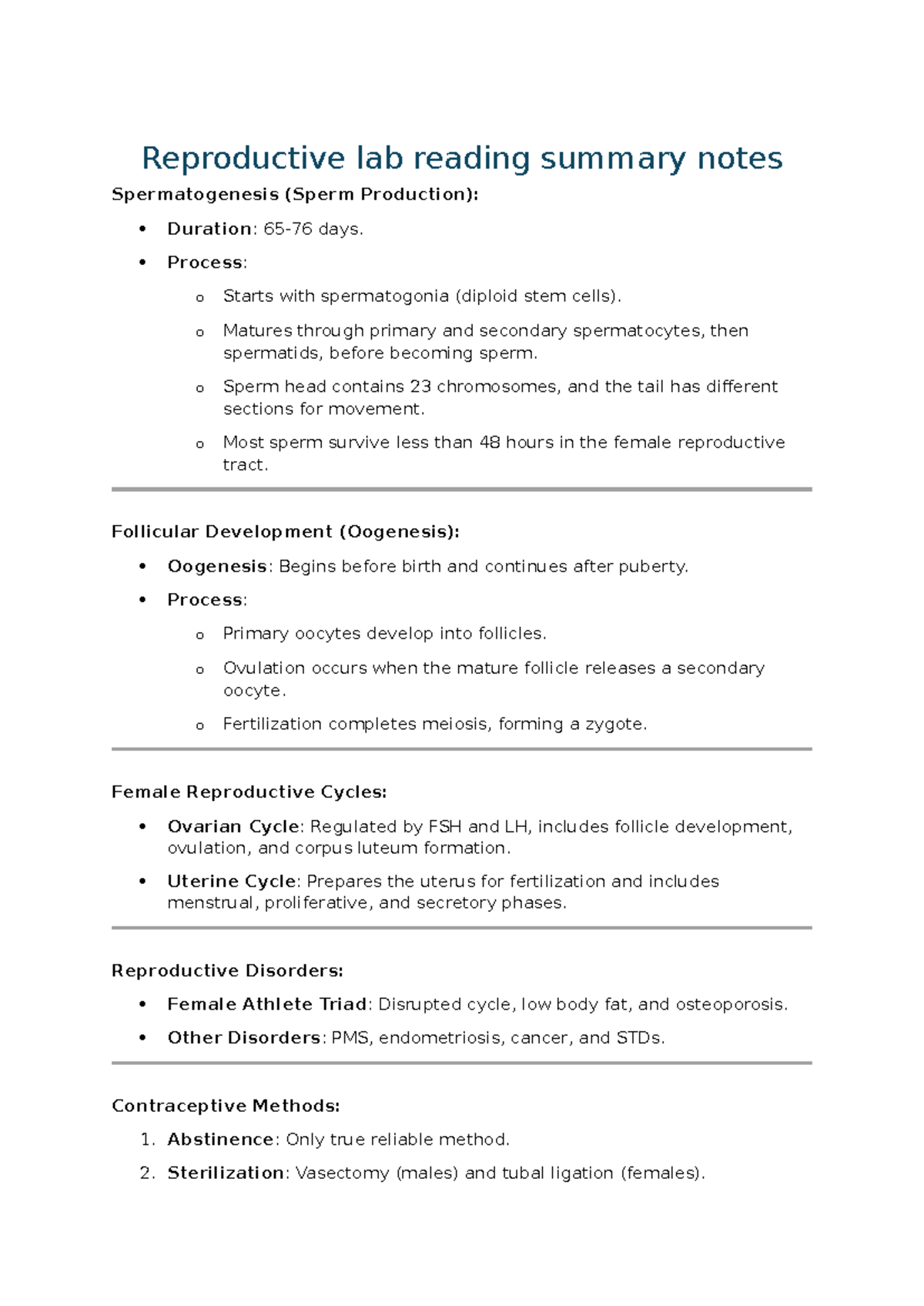 Reproductive Lab Summary Notes: Spermatogenesis & Oogenesis - Studocu