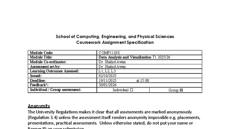 Data Analysis & Visualisation Coursework Spec. - Module Code: T1 - Studocu