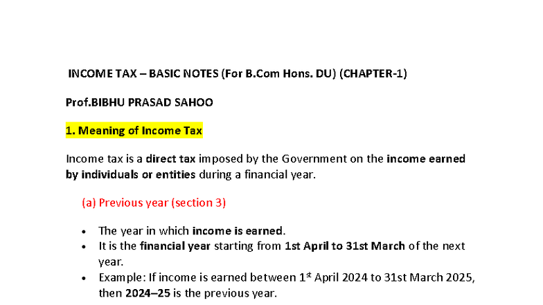 INCOME TAX NOTES (B.Com Hons. DU) - Key Concepts & Provisions - Studocu