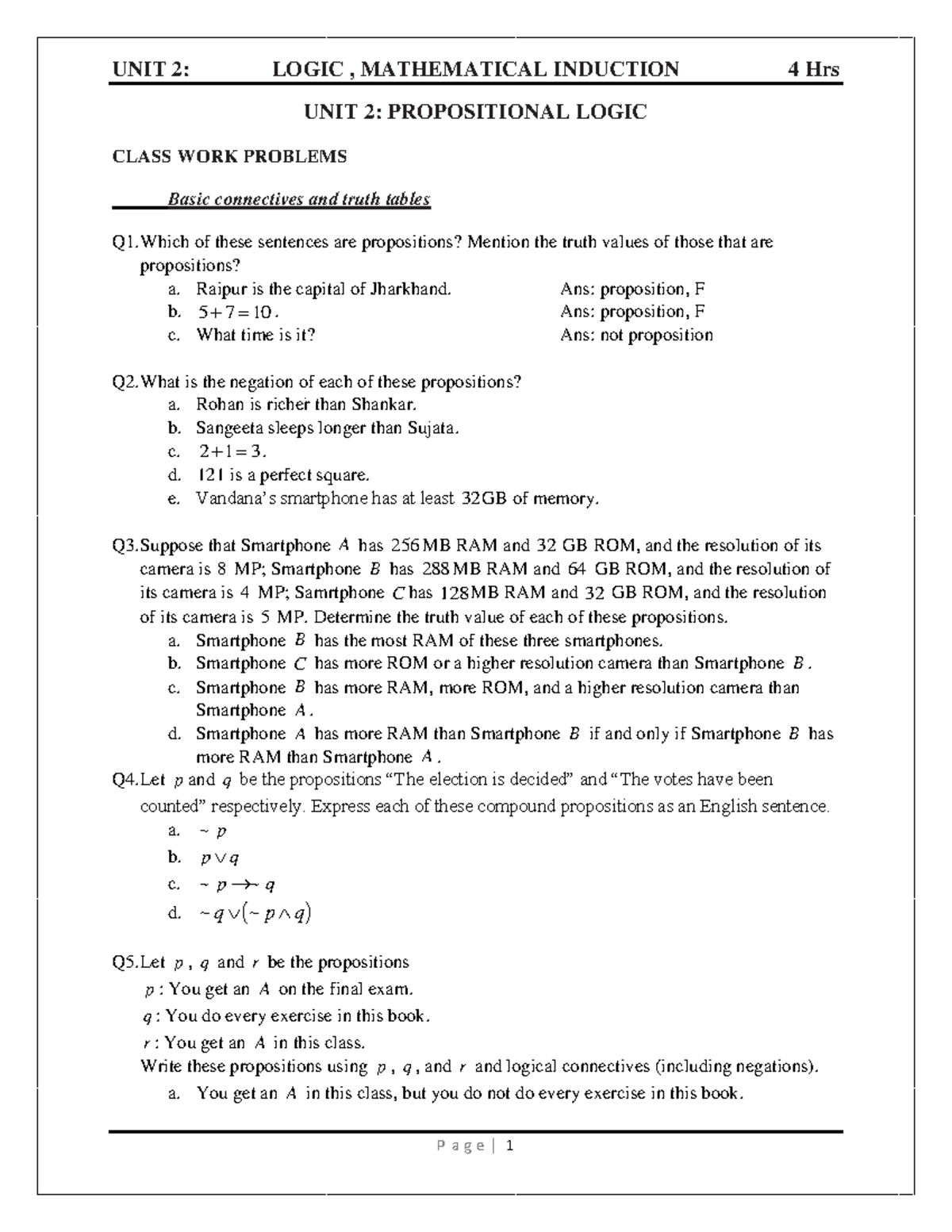 Unit 2 Logic and Mathematical Induction Class Work - UNIT 2 ...