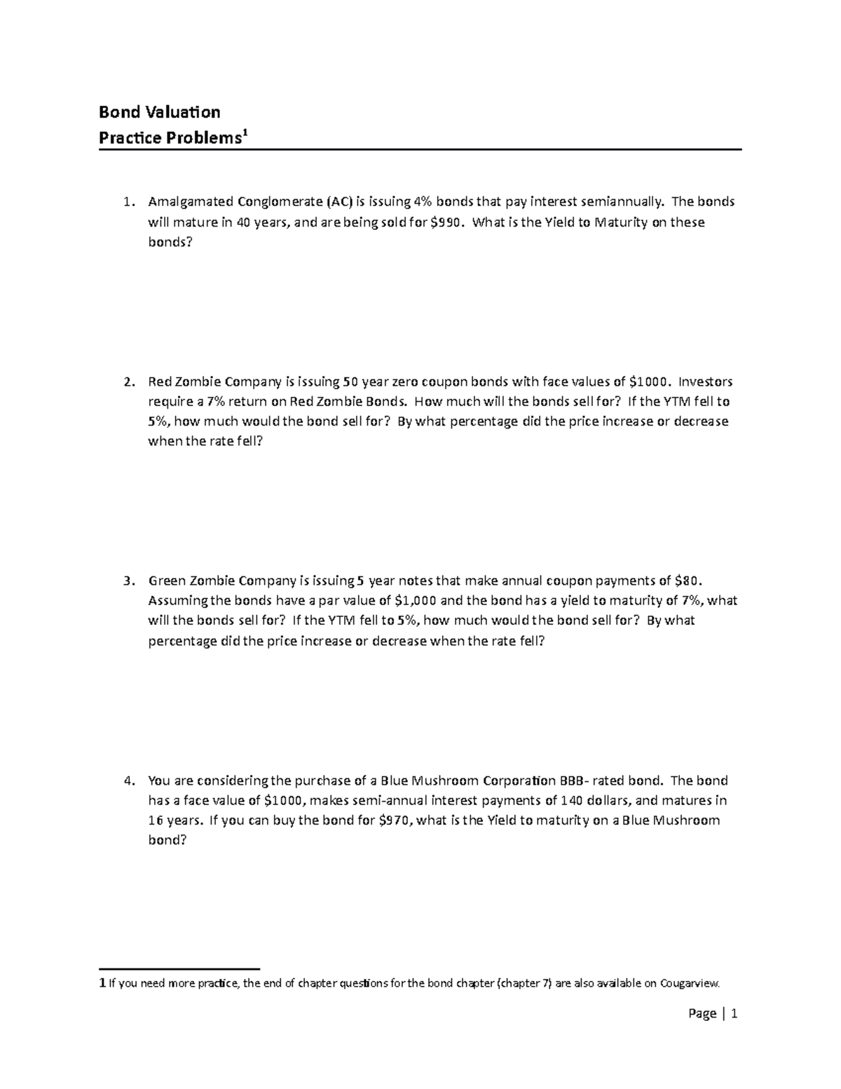 Bond Practice Set - Bond Valuation Practice Problems 1 Amalgamated ...