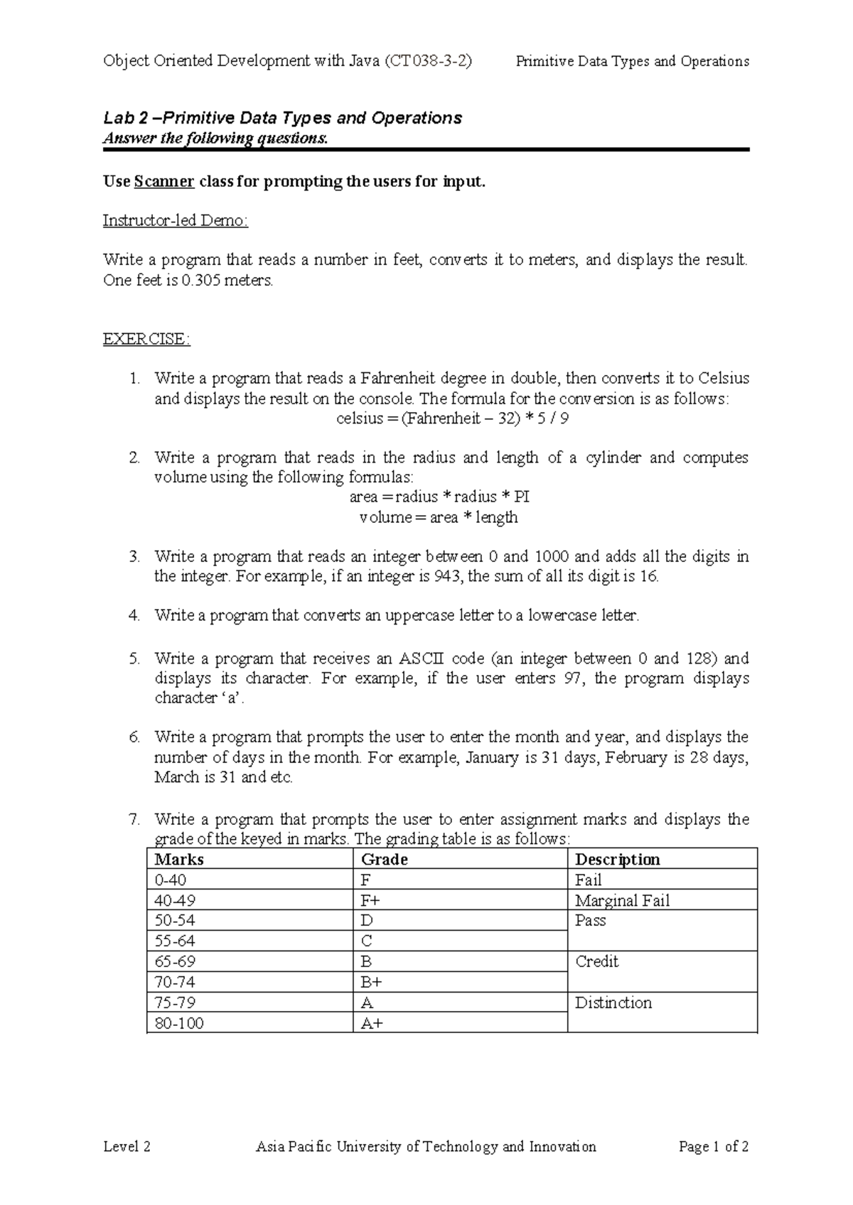 Lab 2: Java OOP Data Types & Operations Exercises (APU) - Studocu