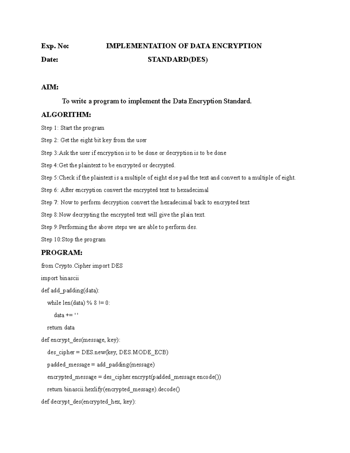 DES Implementation: Data Encryption Standard Program Guide - Studocu