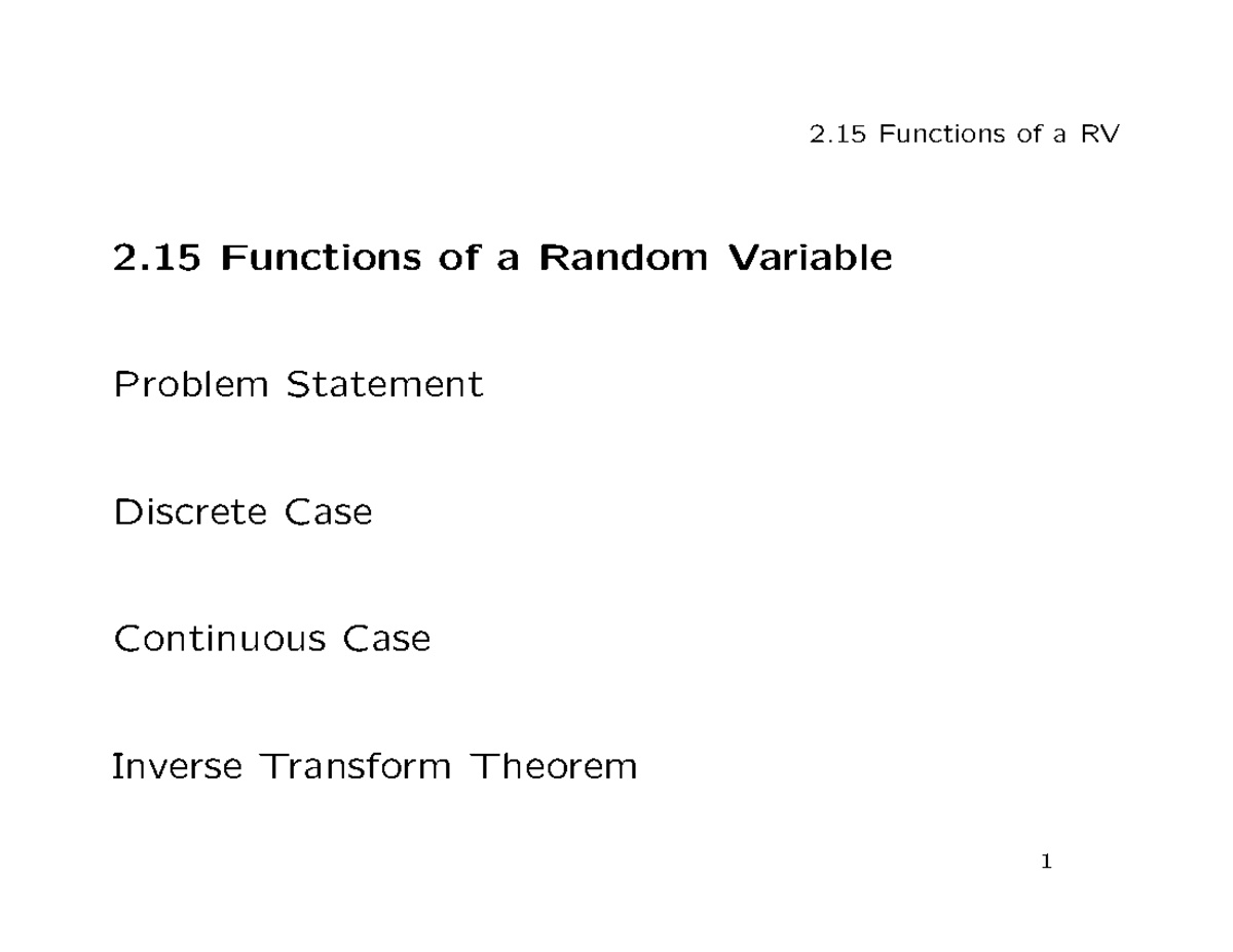 2-15-Functions Of RVs - :) read this - 2 Functions of a RV Inverse ...