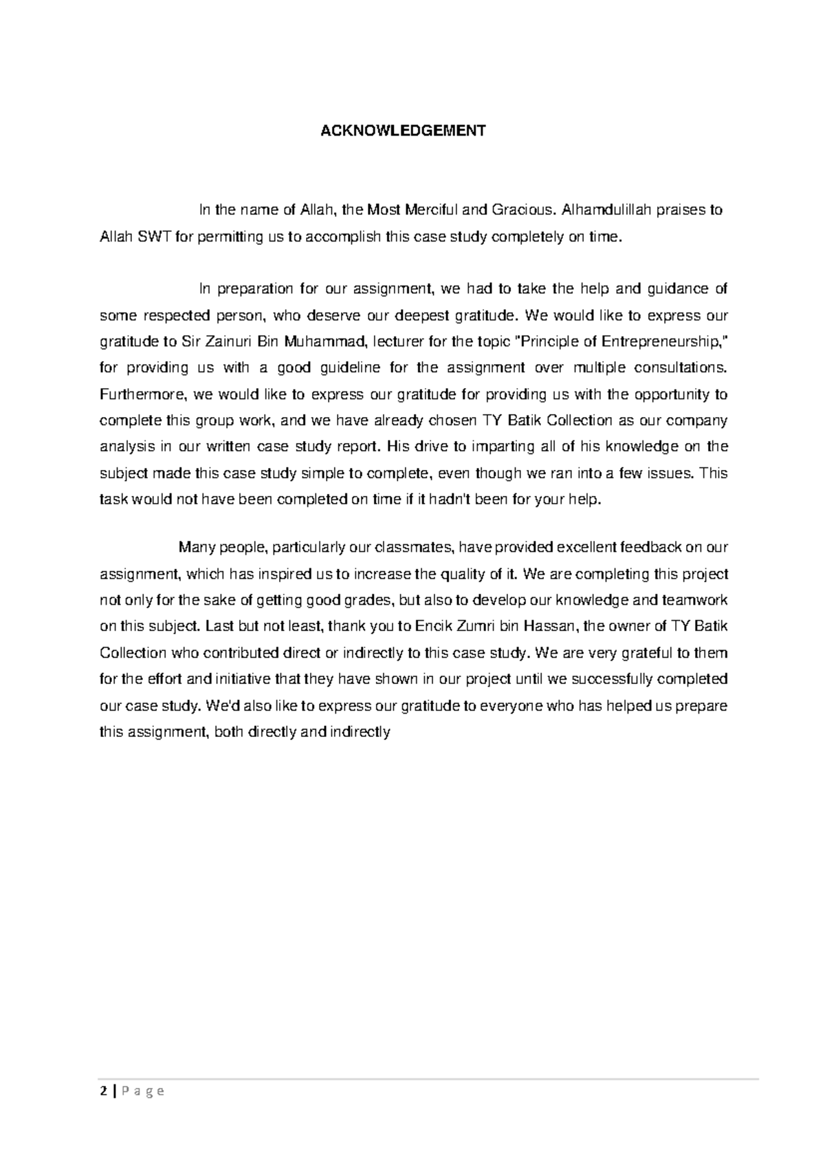 Acknowledgment for Case Study on TY Batik Collection - MKT 538 - Studocu