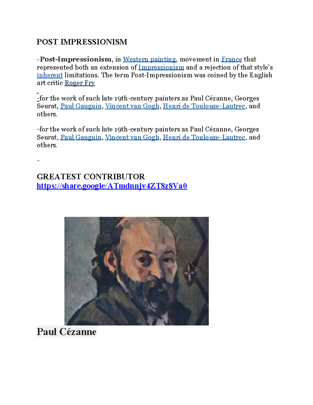 POST IMPRESSIONISM: Contributions of Cézanne & Van Gogh - Studocu