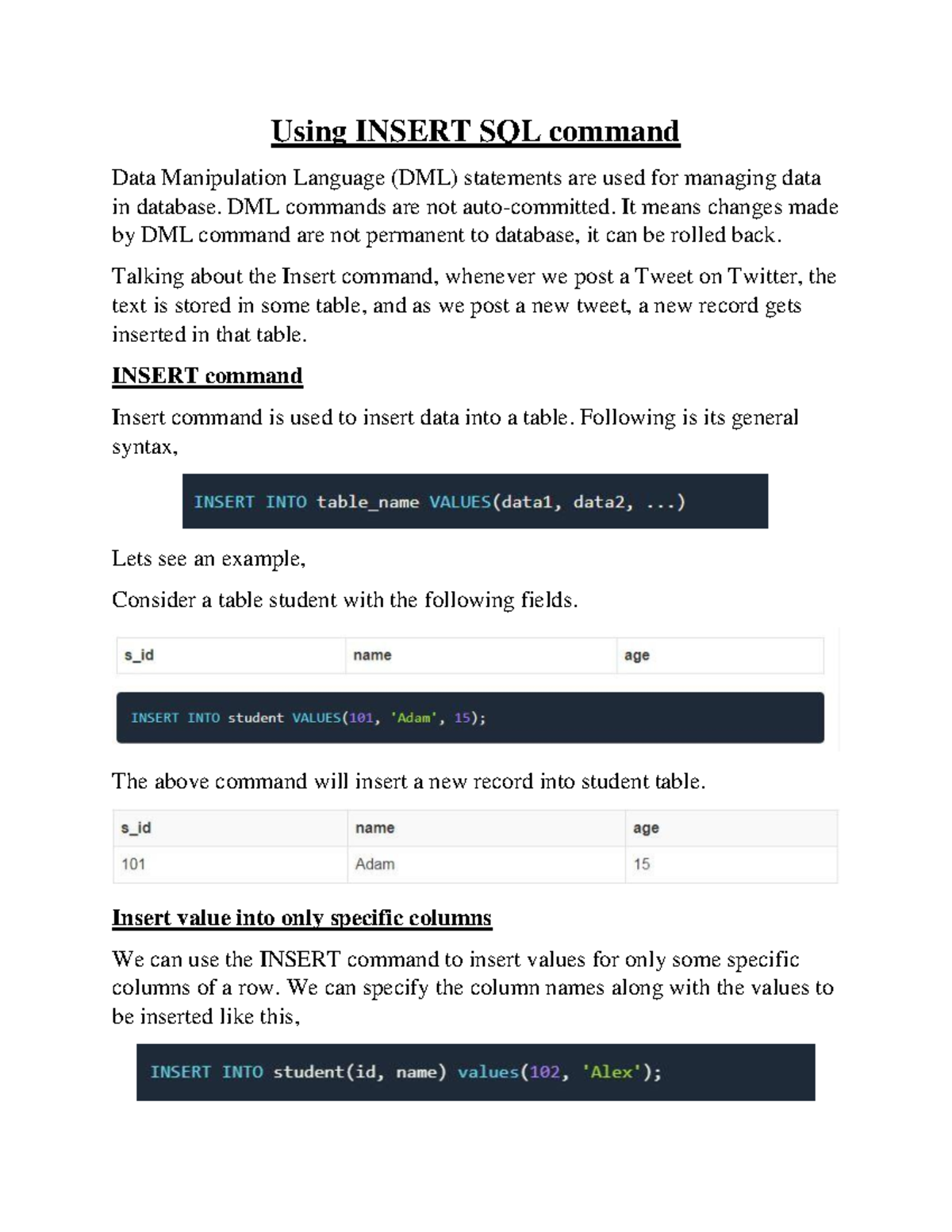 DML Statements: INSERT, UPDATE, DELETE Commands in Oracle Theory - Studocu