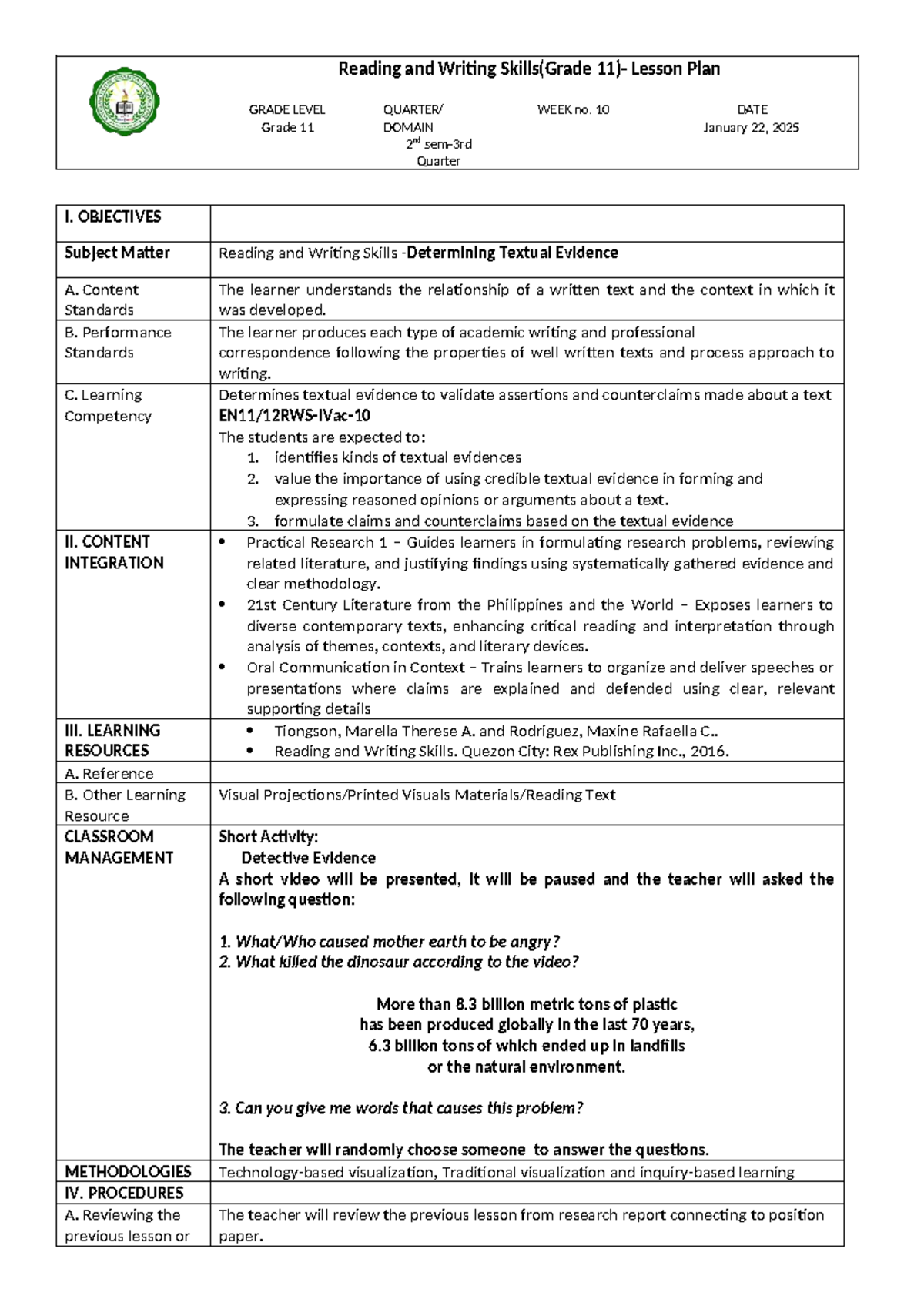 Position Paper Lesson Plan (Grade 11, 2nd Quarter, Week 10) - Studocu