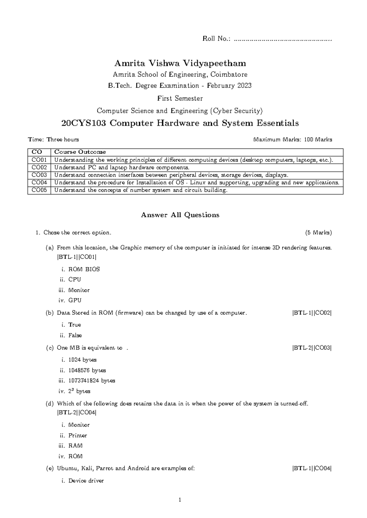 20CYS103 I Sem Feb 2023 - Computer Hardware & System Essentials Exam ...