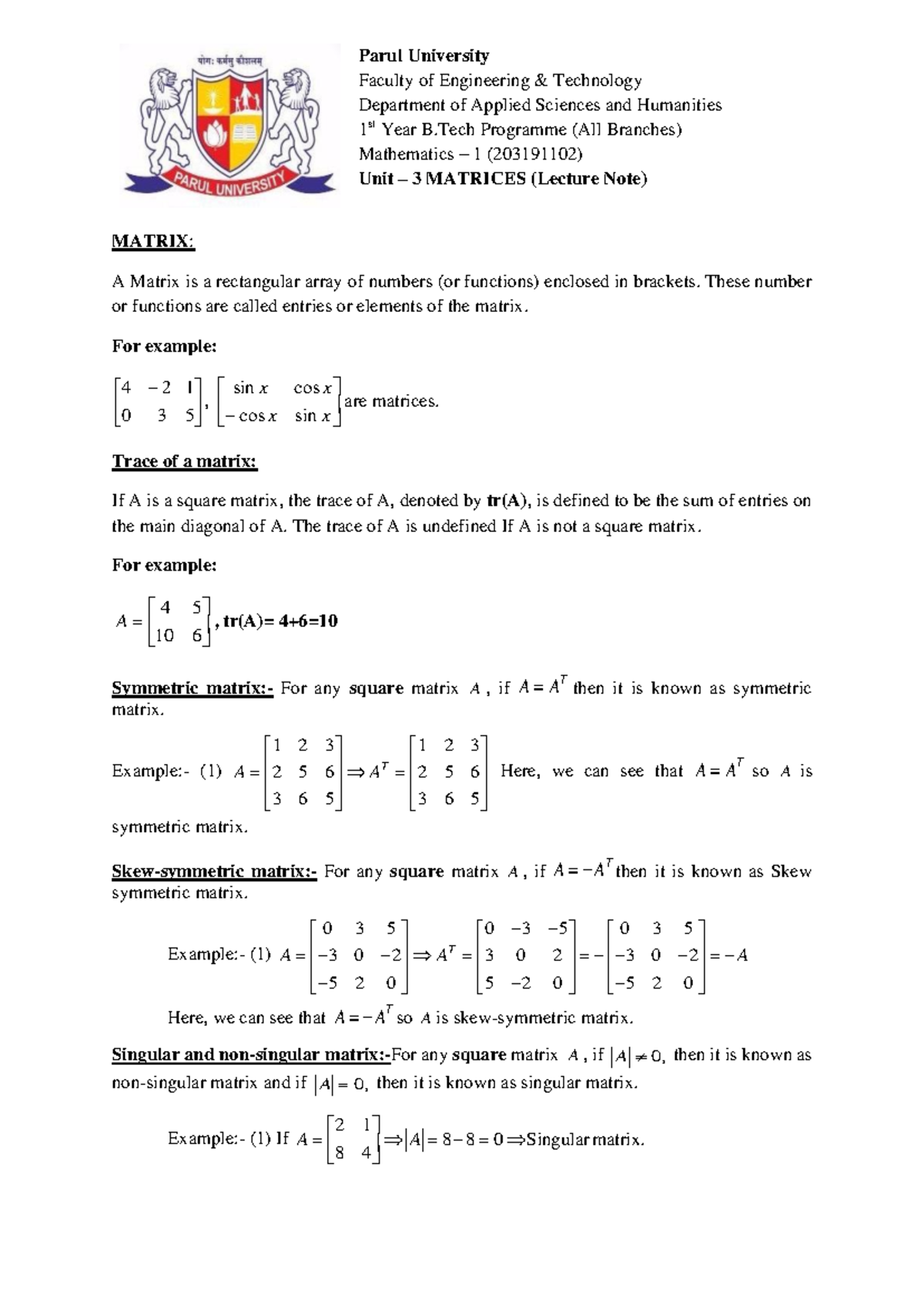 Unit-3 Matrices 2021 - Parul University Faculty of Engineering ...
