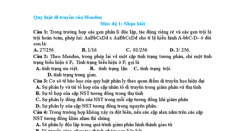 Bai tap trac nghiem quy luat di truyen cua menden - Mức độ 1: Nhận biết ...