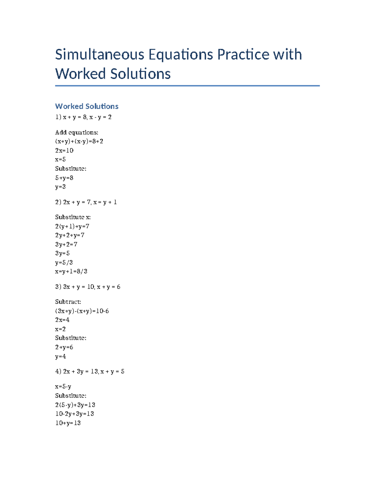 Simultaneous equations solutions - Simultaneous Equations Practice with ...
