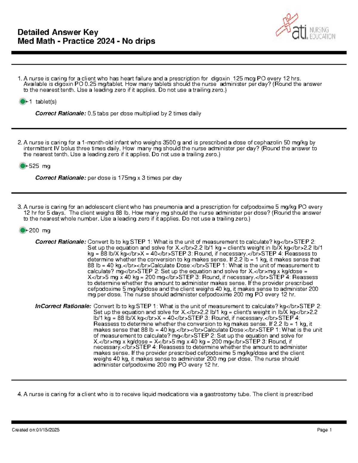 Med Math Practice 2024: Detailed Answer Key for No Drips - Studocu