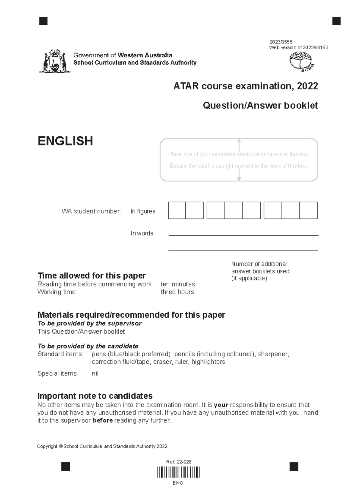 2022 ENG Exam Question/Answer Booklet for ATAR Students - Studocu