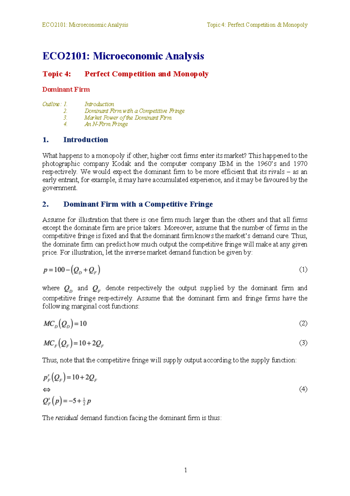 ECO2101: Microeconomic Analysis - Perfect Competition & Monopoly - Studocu