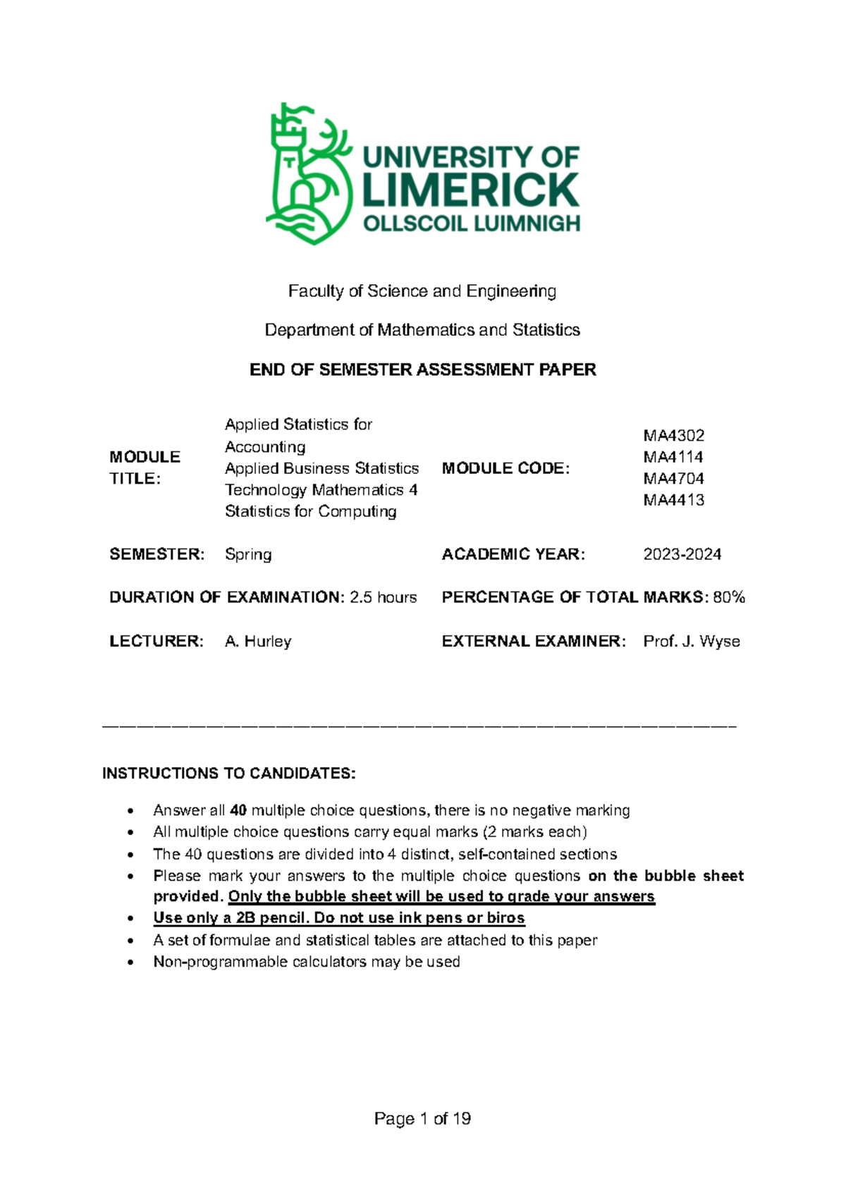 MA4114 MA4302 MA4413 MA4704 Past Exam Questions and Guidelines - Studocu