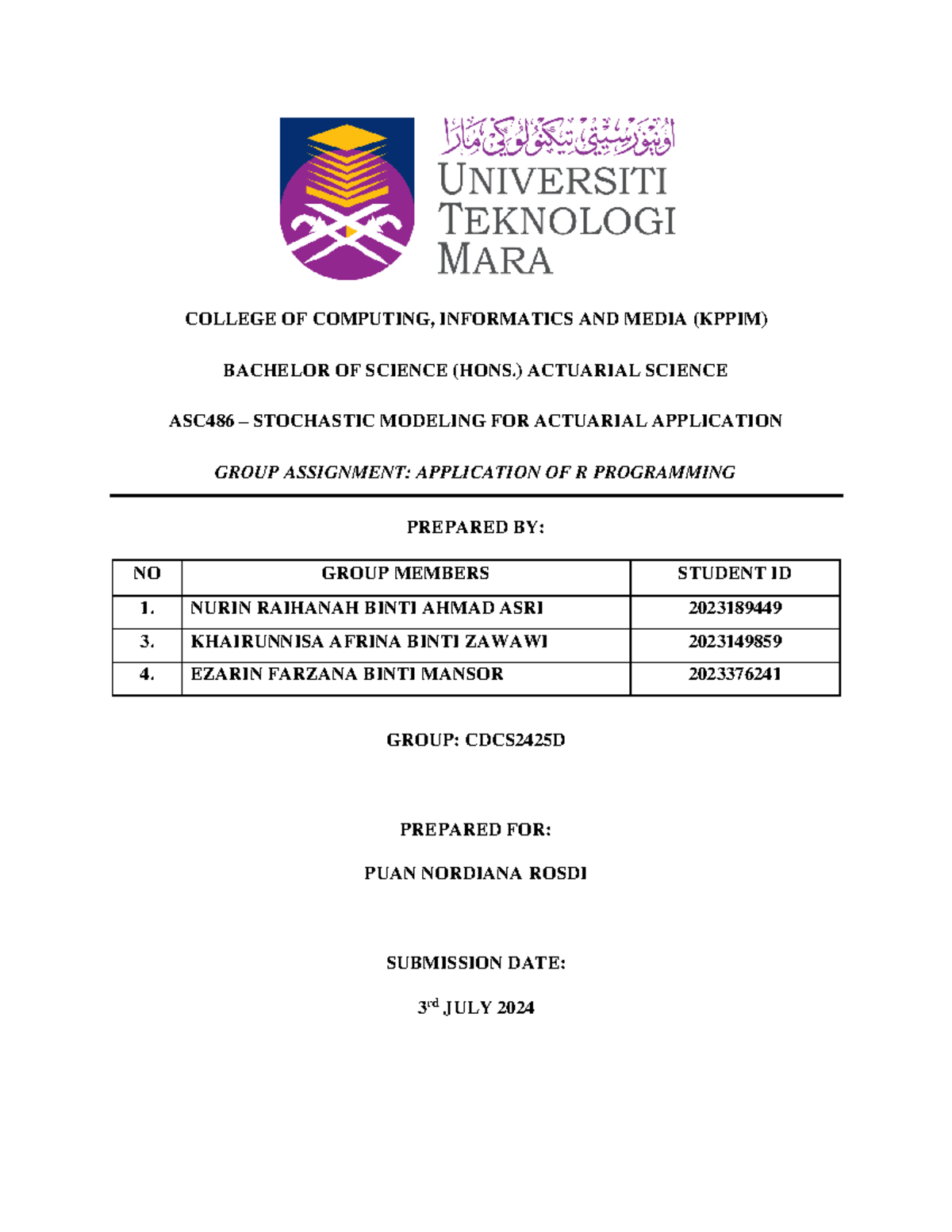 ASC486 Group Assignment: R Programming Case Studies in Stochastic ...