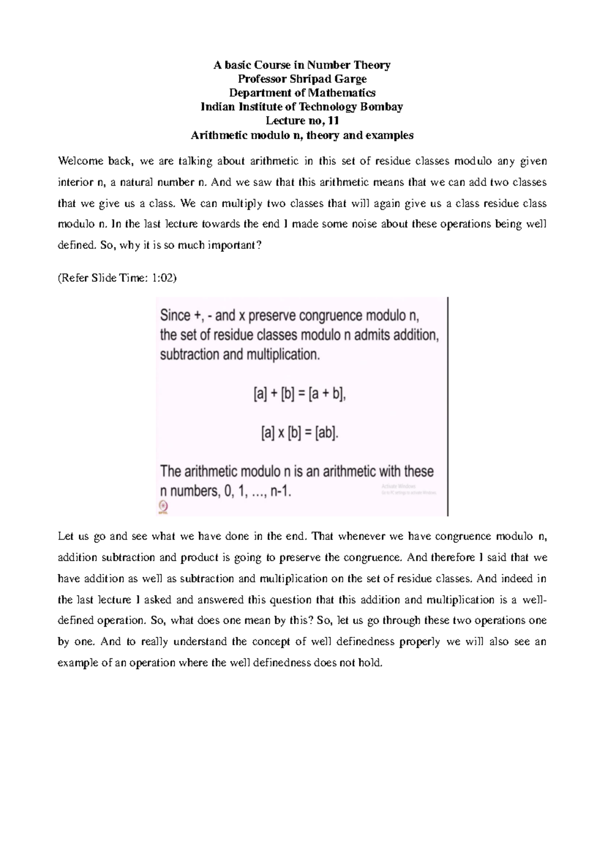 Lecture 11: Arithmetic Modulo n - Theory & Examples (MATH101) - Studocu