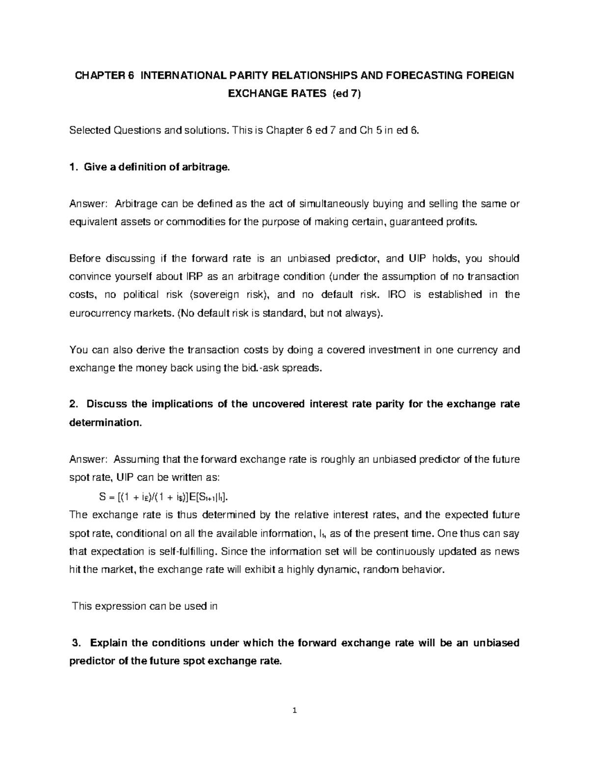 Ch6 Answers - CHAPTER 6 INTERNATIONAL PARITY RELATIONSHIPS AND ...