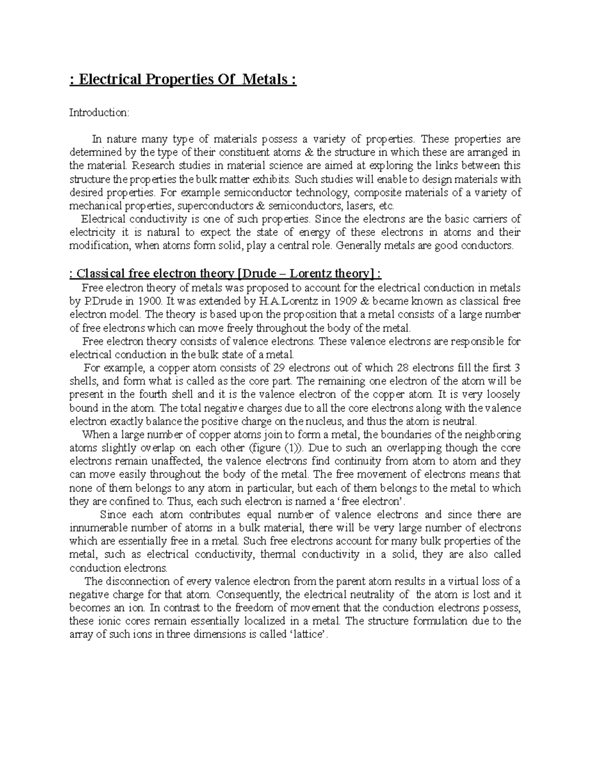 Electrical Properties of Metals: Classical Free Electron Theory ...