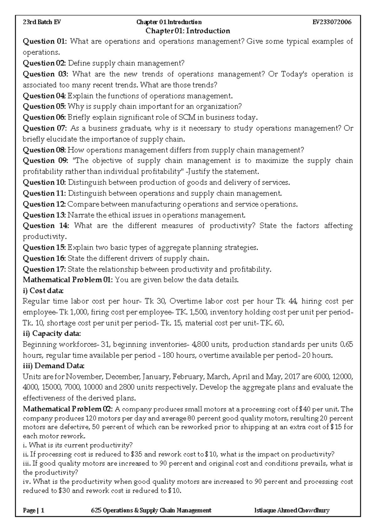 SCM All Chapters Questions & Math Problems - EV233072006 - Studocu